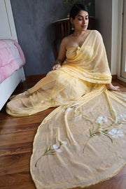 Elegant Hand Painted Chiffon Saree with Zari Border - Perfect for Special Occasions